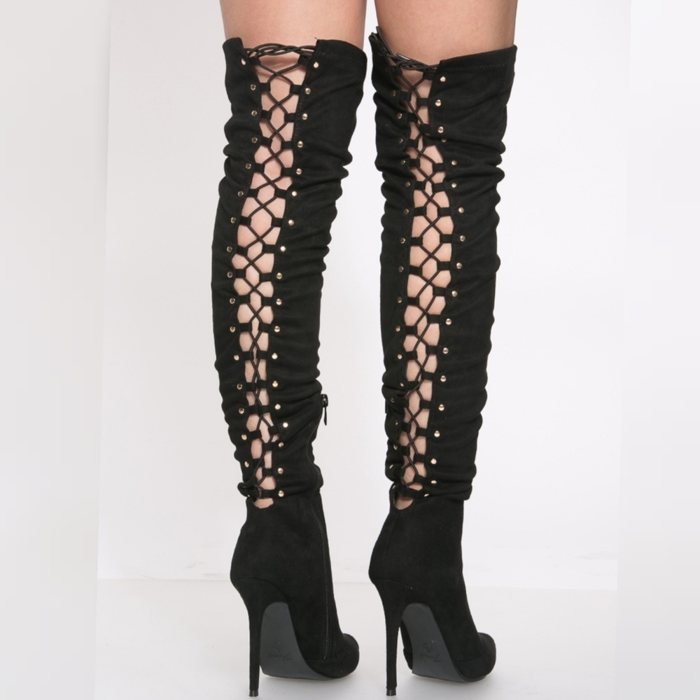 ❤BEST SELLER ❤ dolls Black Faux Suede Thigh High Lace U - Picture 8 of 9